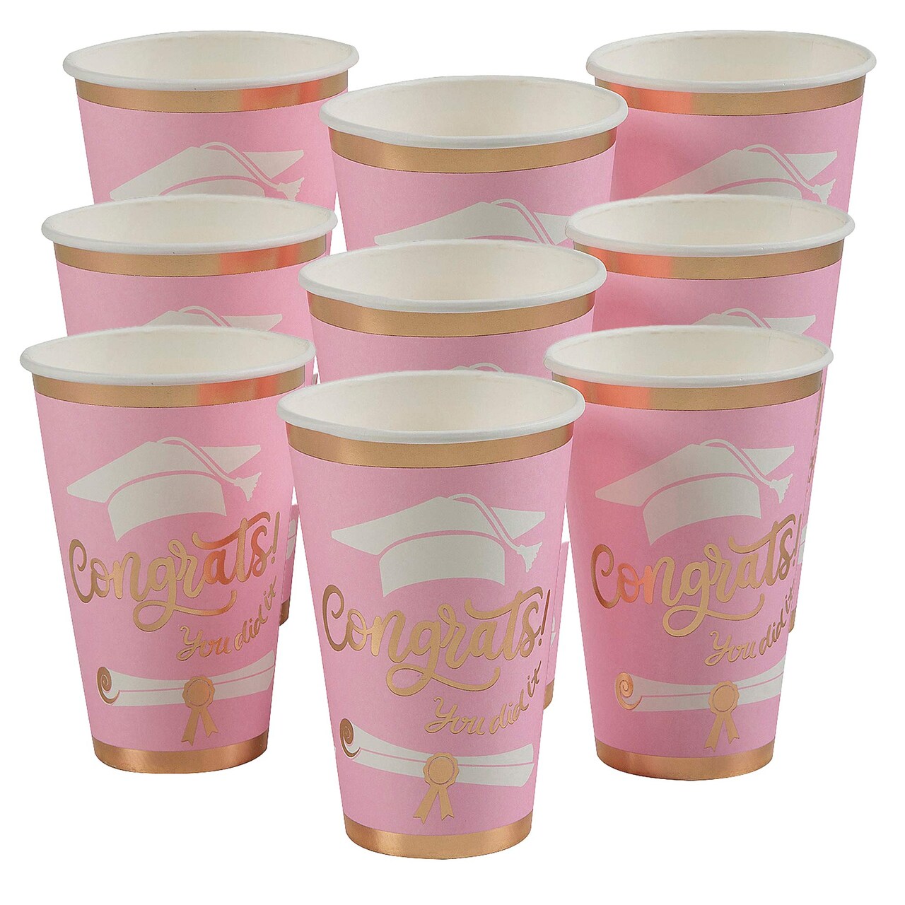 5 1/4" 16 oz. Pink Congrats Graduation Disposable Paper Cups 12 Count